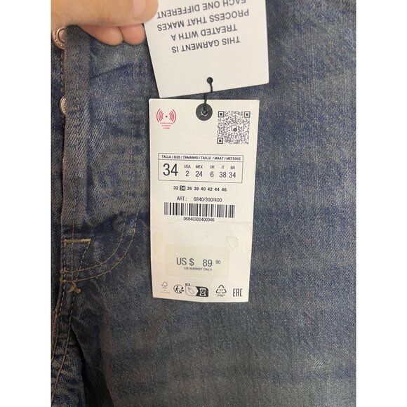 Zara Womens Loose Fit Straight Leg Low Rise Denim Jeans Size 34 Blue Distressed - Picture 8 of 16
